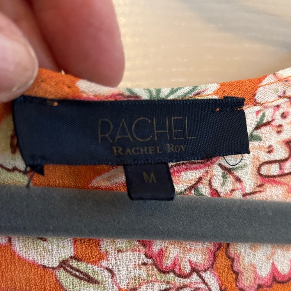 RACHEL Rachel Roy Orange Whimsical Floral LS BlouseW/Smocking Details V-Neck EUC - Picture 2 of 11